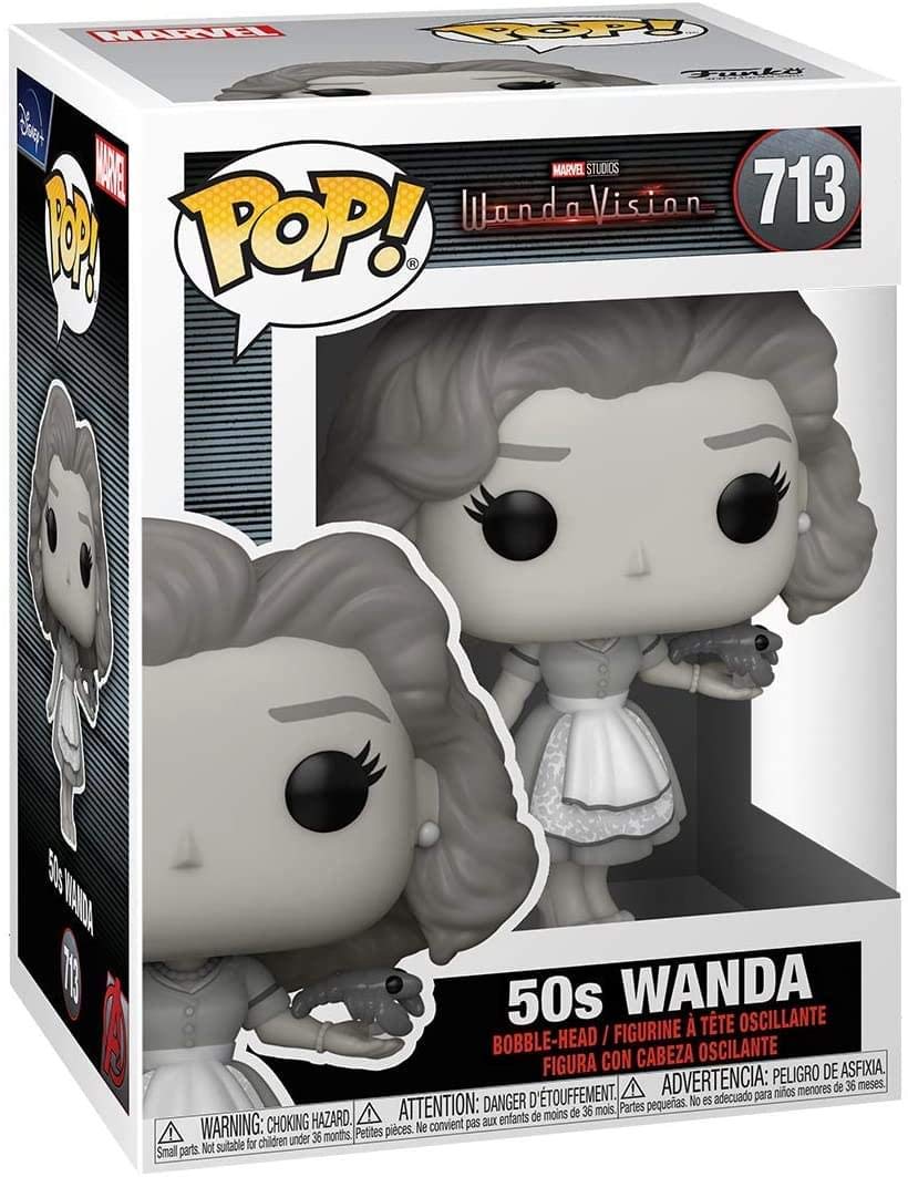 Funko Marvel WandaVision 50s Wanda bobblehead close-up, adds charm to desks or shelves.