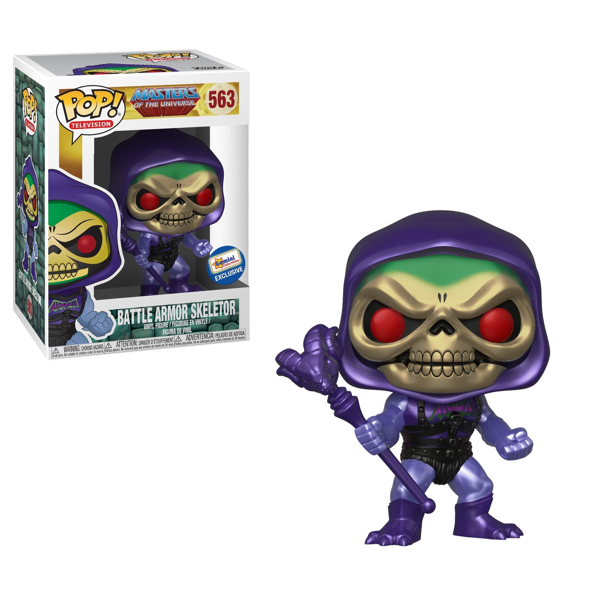 Funko Skeletor figure with metallic Battle Armor, ideal for display and collection.