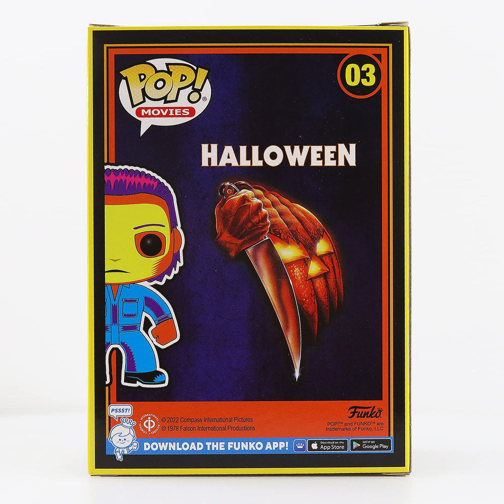 Funko Michael Myers neon glow under black light enhances night-time display.