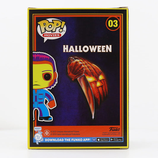Funko Michael Myers neon glow under black light enhances night-time display.