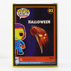 Funko Michael Myers neon glow under black light enhances night-time display.