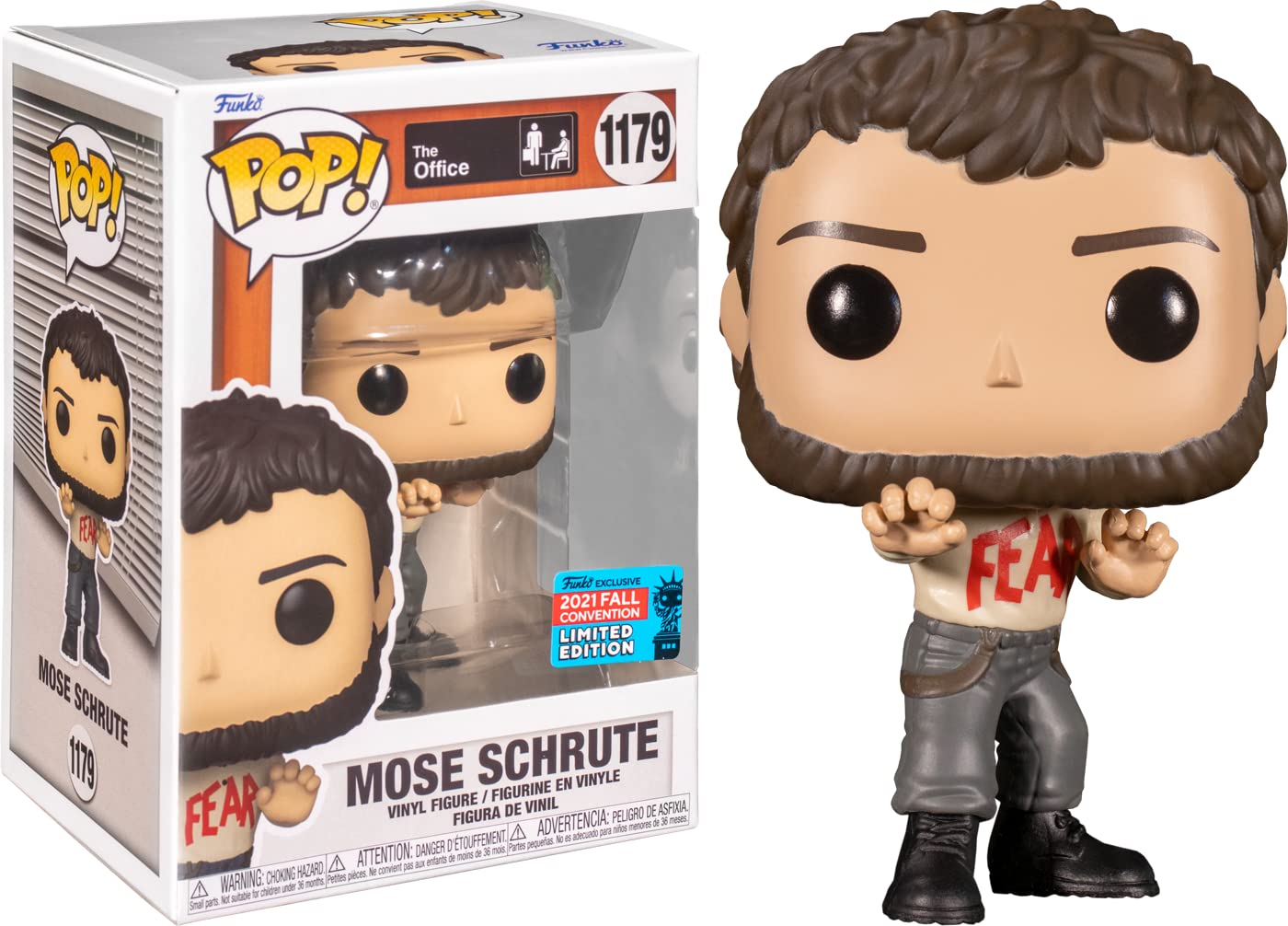 Funko Mose Schrute figure close-up highlighting collectible styling.