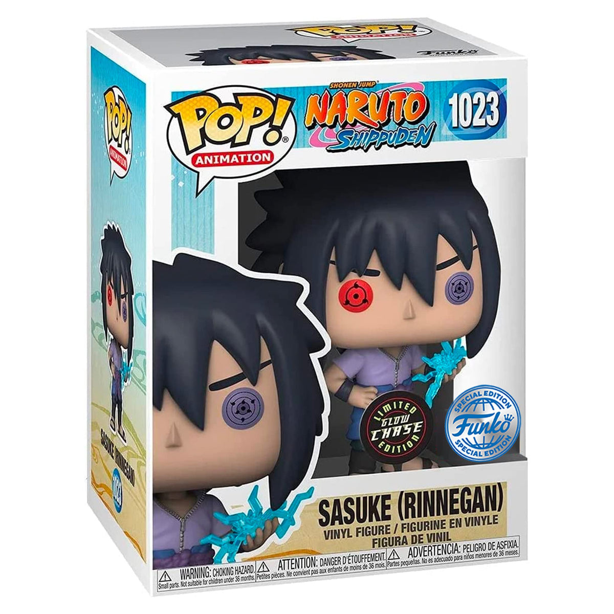 Funko Naruto Sasuke Rinnegan eyes close-up for detailed display quality.
