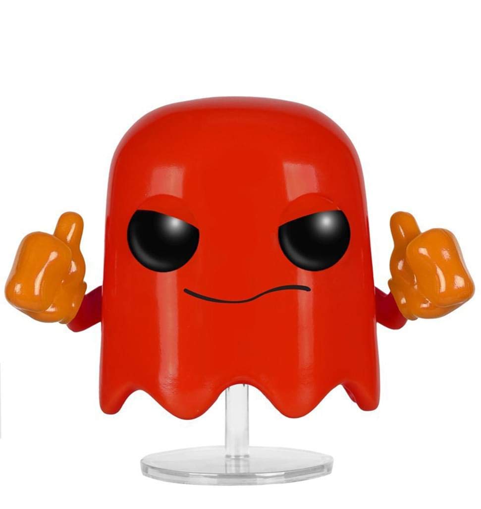 Pac-Man Blinky display box showcases the collectible on a shelf.