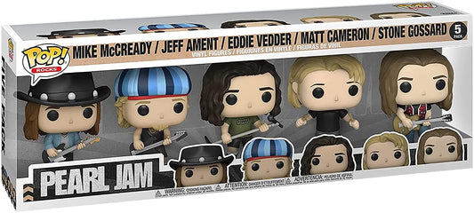 Funko Pearl Jam POP figures on shelf for display and fandom collection.