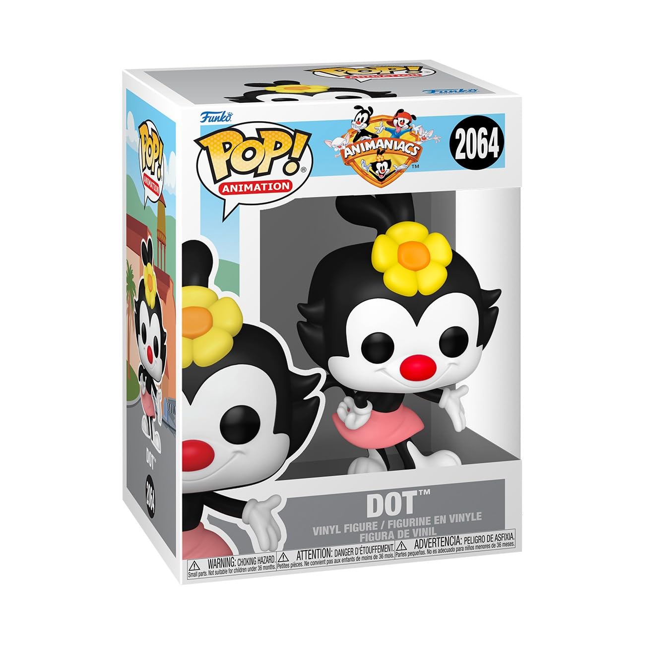 Funko Pop! Animation Dot figure on display shelf for collectors.
