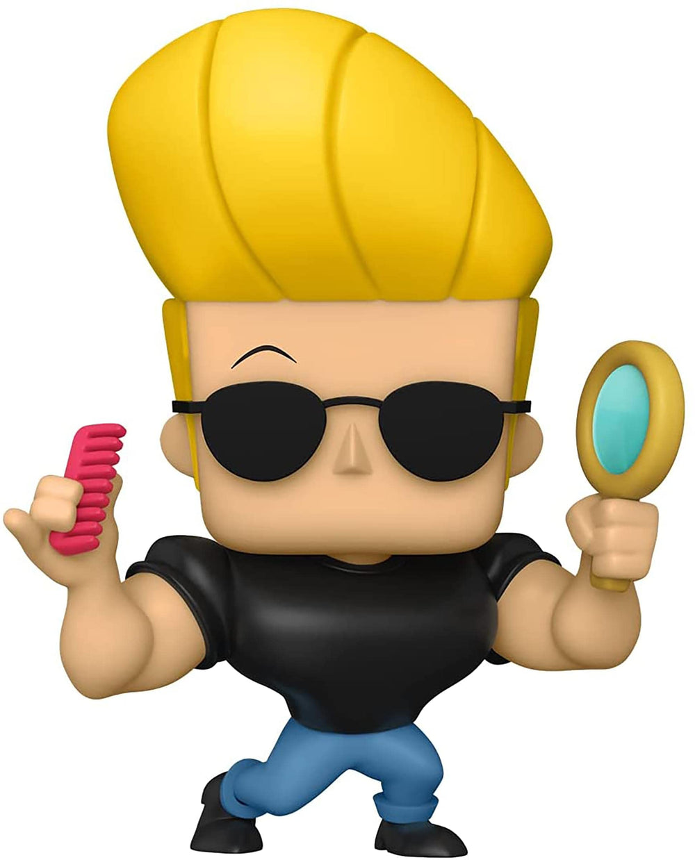 Funko Johnny Bravo with mirror prop for playful desk display and nostalgia.