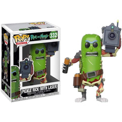 Funko Pop! Animation Pickle Rick with Laser figure on display shelf, ideal for collectors.