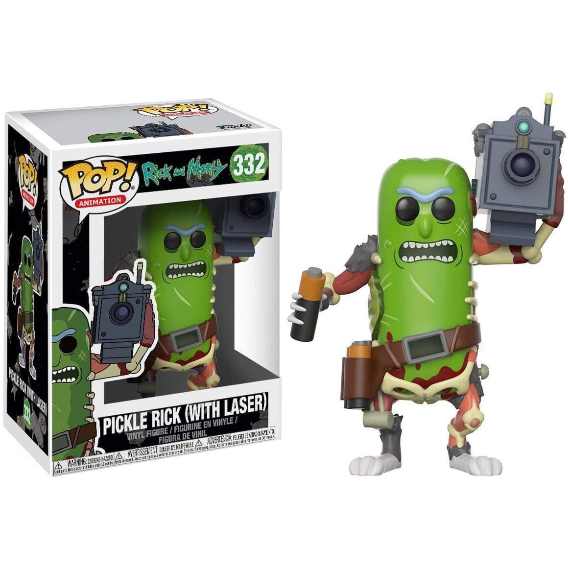 Pickle Rick with Laser in window box display by Funko, perfect for shelves.