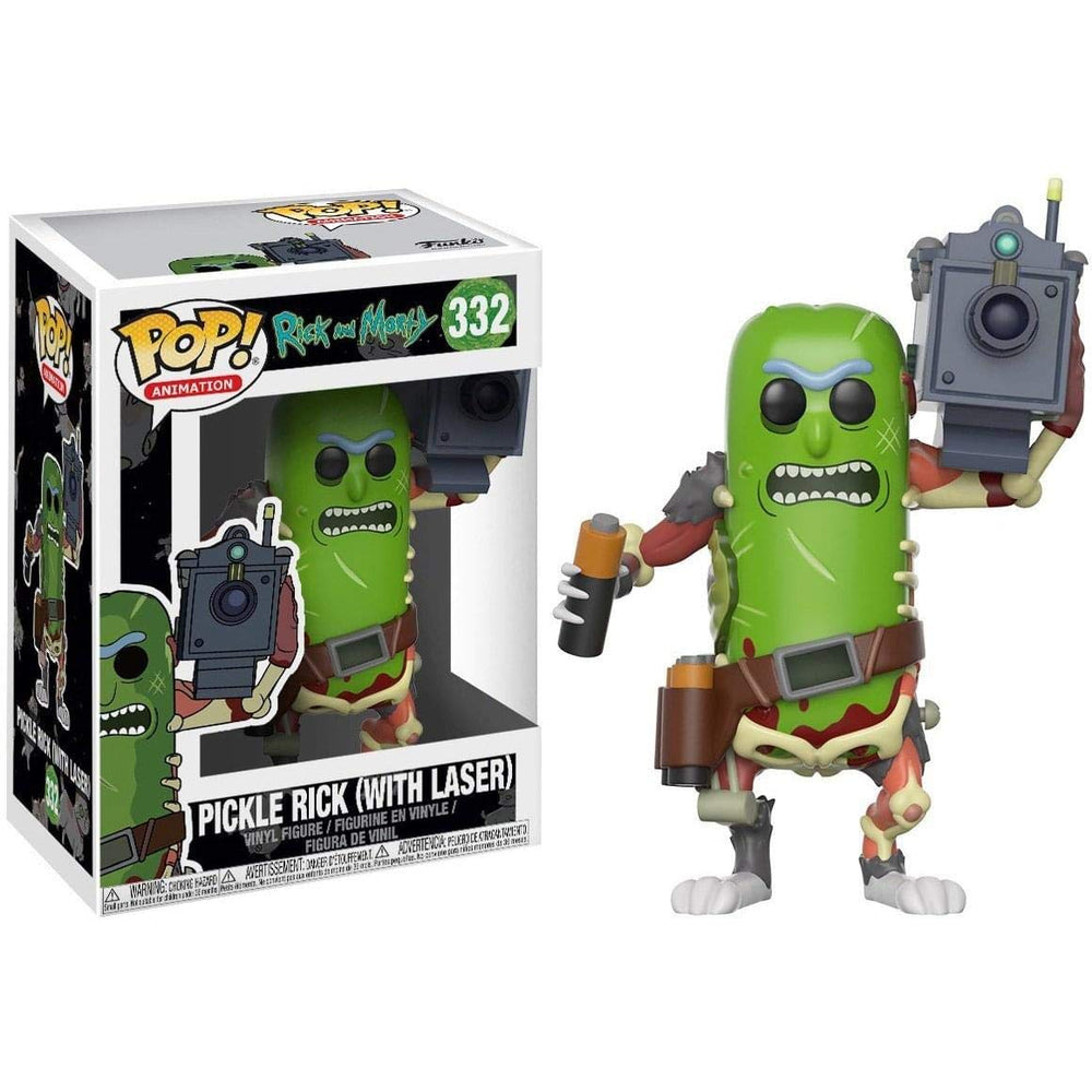 Pickle Rick with Laser in window box display by Funko, perfect for shelves.