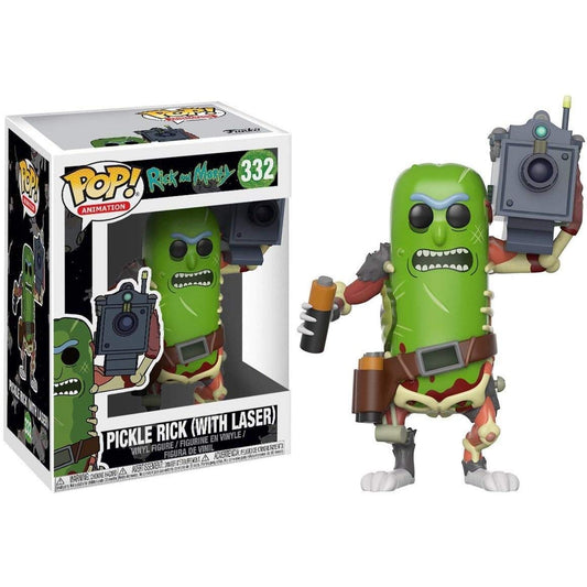 Pickle Rick with Laser in window box display by Funko, perfect for shelves.