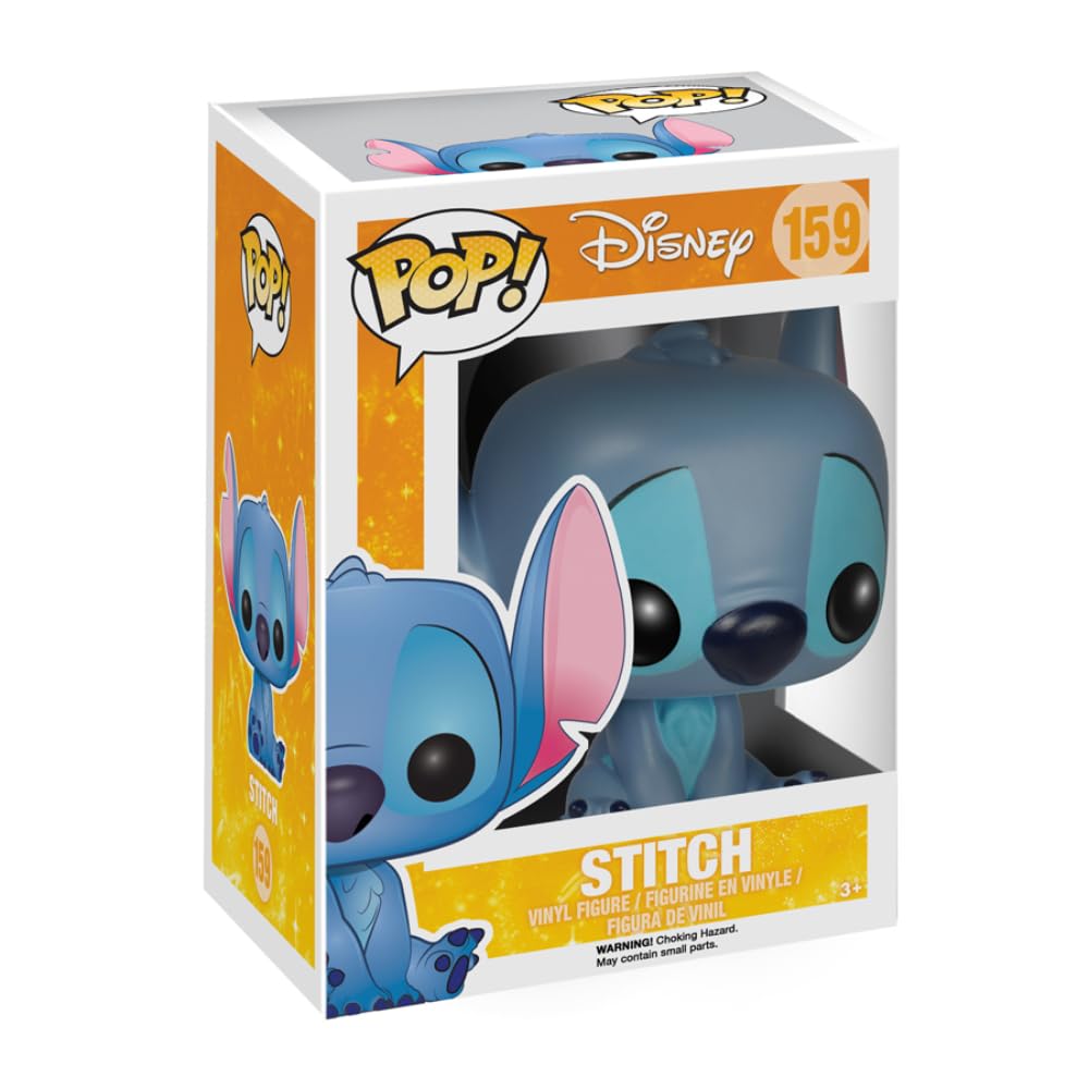 Funko Pop Disney Lilo & Stitch seated figure on display shelf—ideal desk decor for fans.