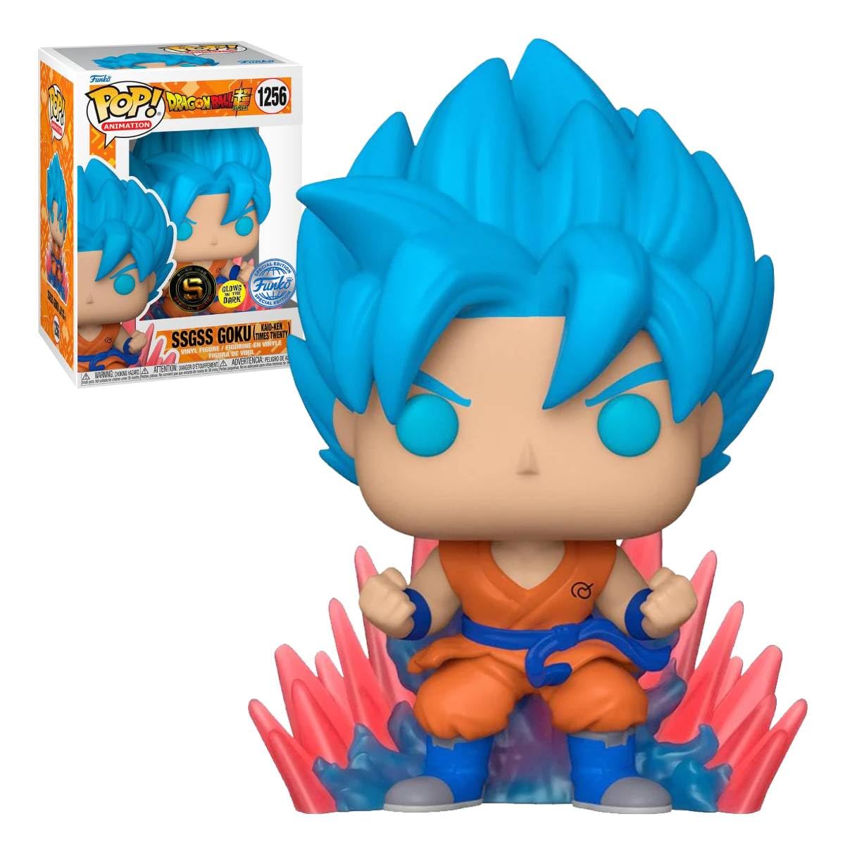 Funko Pop! Dragon Ball Super SSGSS Goku Kaio-Ken exclusive multicolor vinyl on display.