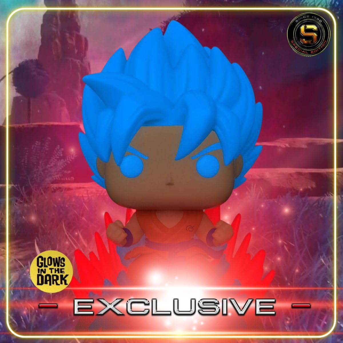 Funko Pop! Dragon Ball Super SSGSS Goku Kaio-Ken glow-in-the-dark front view for vibrant display.