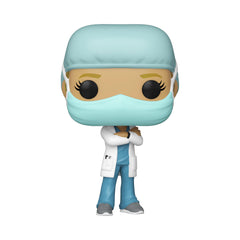 Window box display of Funko Pop! Heroes Front Line Worker figure.