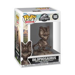 Funko Pop Jurassic Park Dilophosaurus fossil front view, ideal for shelf display and collector showcase