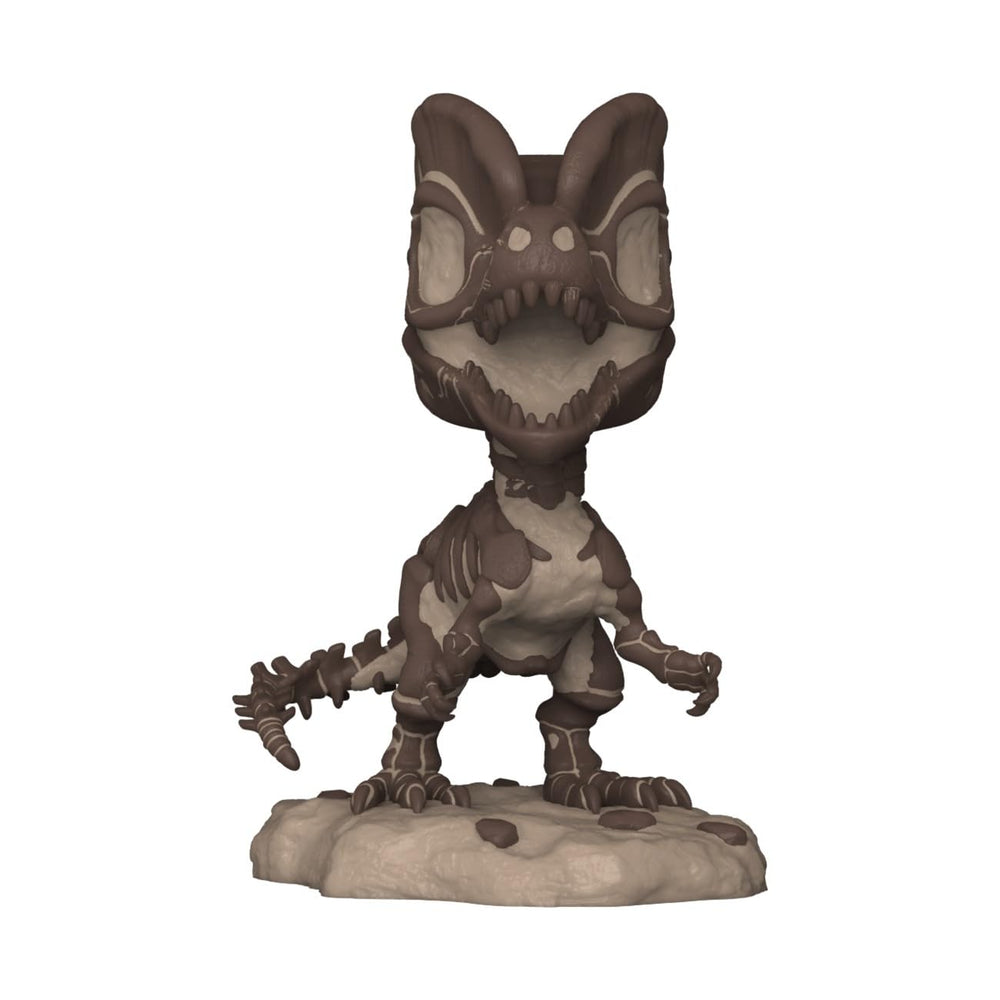 Funko Pop Jurassic Park Dilophosaurus fossil side view, supports compact desk display
