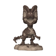 Funko Pop Jurassic Park Dilophosaurus fossil side view, supports compact desk display
