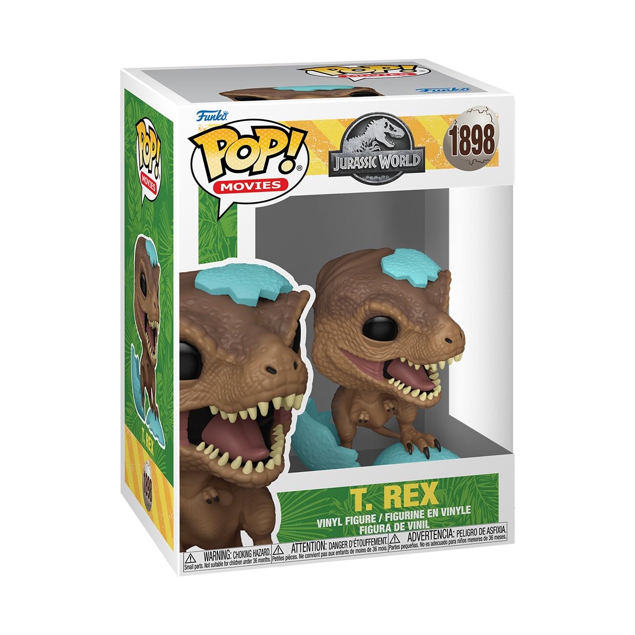 Funko Pop Jurassic Park T-Rex hatching from a blue egg, ideal for display and gifting.