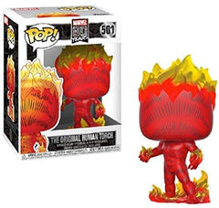 Funko Pop Marvel 80th Human Torch collectible on display shelf.