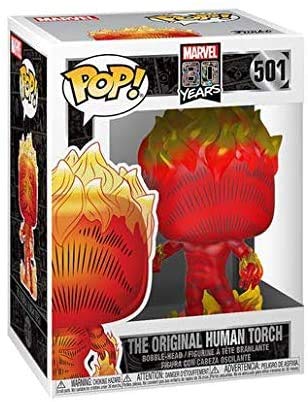 Funko Pop Marvel 80th Human Torch figure shown in window box, ideal on a shelf.