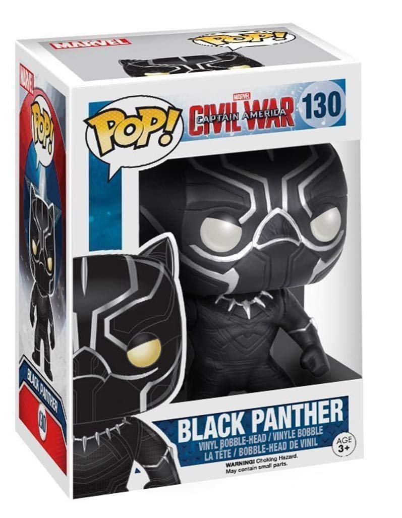 Funko Pop Marvel Black Panther front view in window box for display and collection.