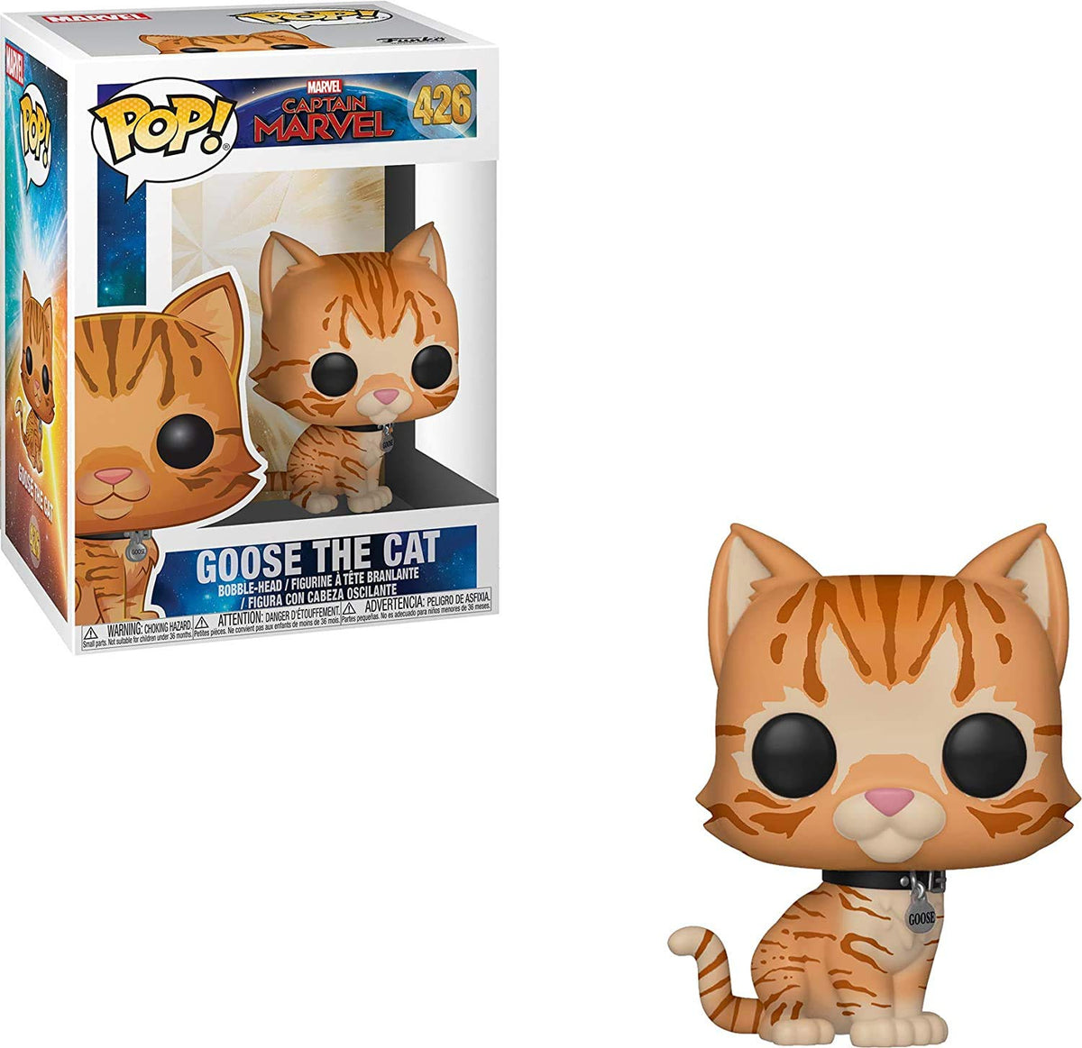 Funko Pop! Marvel Captain Marvel Goose the Cat front view for display.