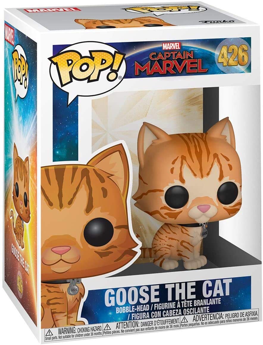 Funko Pop! Marvel Goose the Cat pose shot on a shelf display.