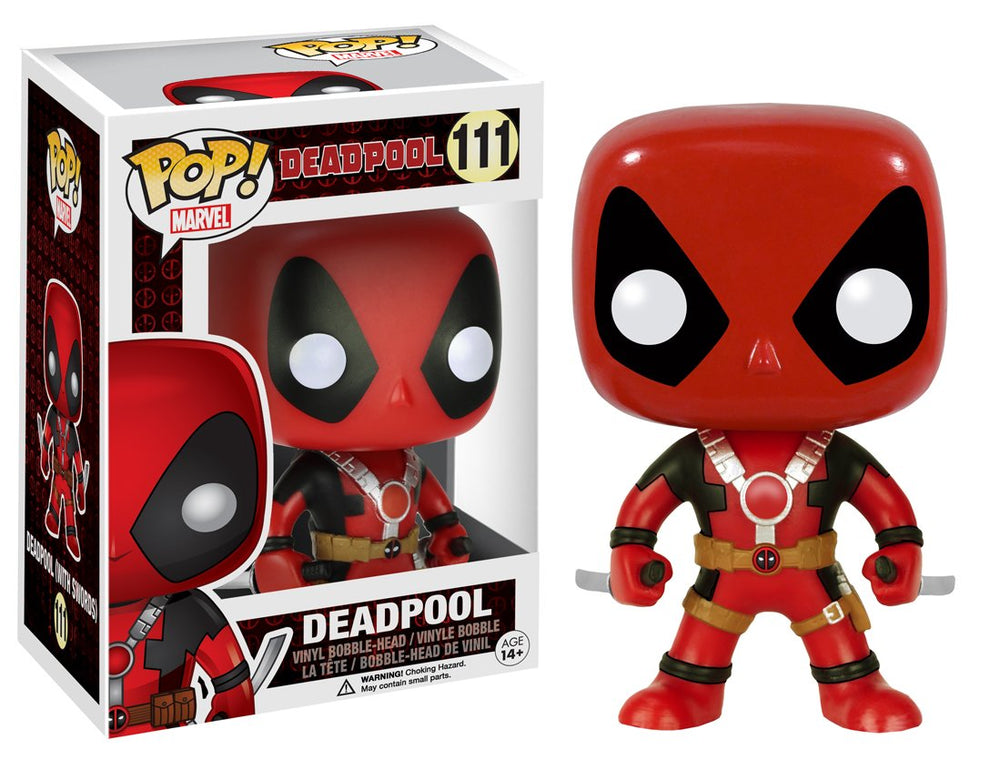 Funko Pop Marvel Deadpool two swords front view, perfect for desk shelf display.