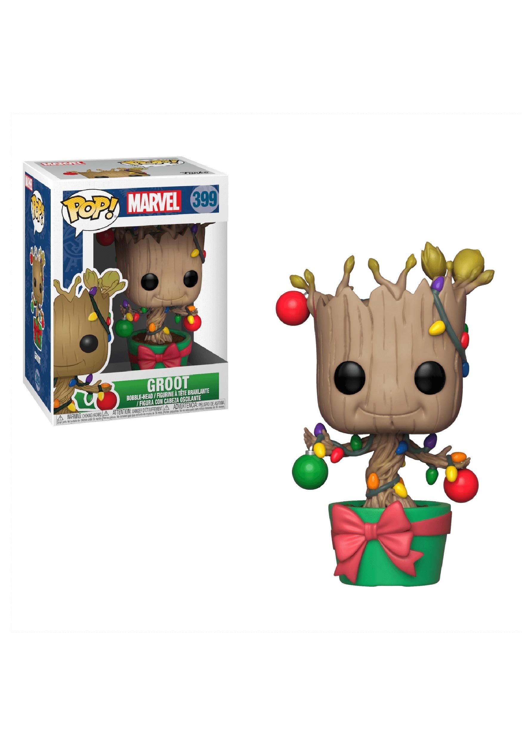 Funko Pop Marvel Holiday Groot with Lights & Ornaments, a collectible display piece for fans.
