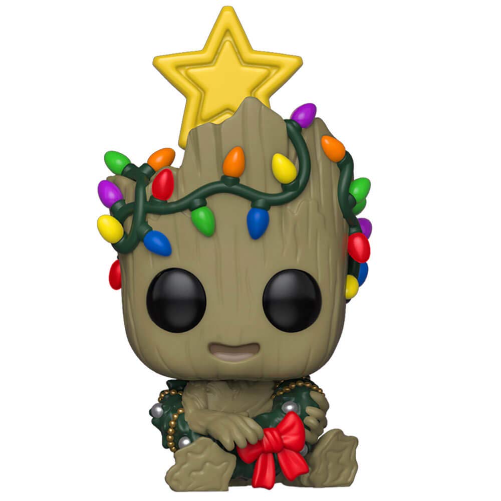 Funko Pop Marvel Holiday Groot with wreath; festive display piece for shelves.