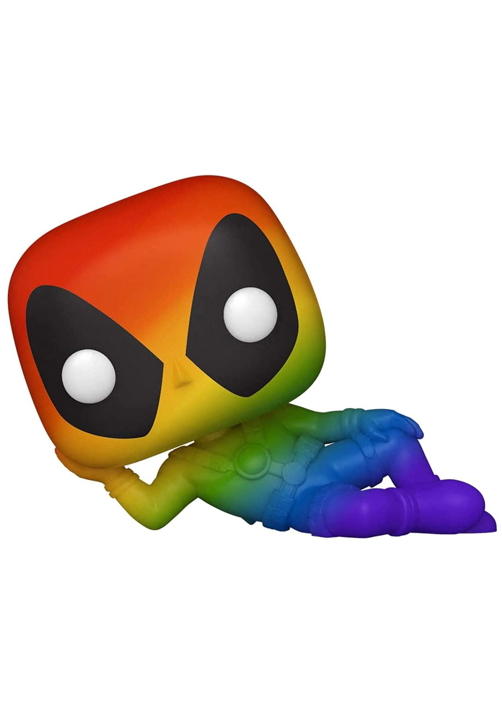 Funko Pop Marvel Pride Deadpool rainbow figure on display shelf boosts pride-themed decor.