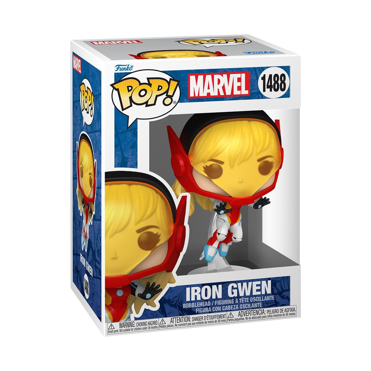Funko Pop! Marvel Spider-Gwen Gwenverse Iron Gwen front view showcases vibrant graphics and premium display appeal.