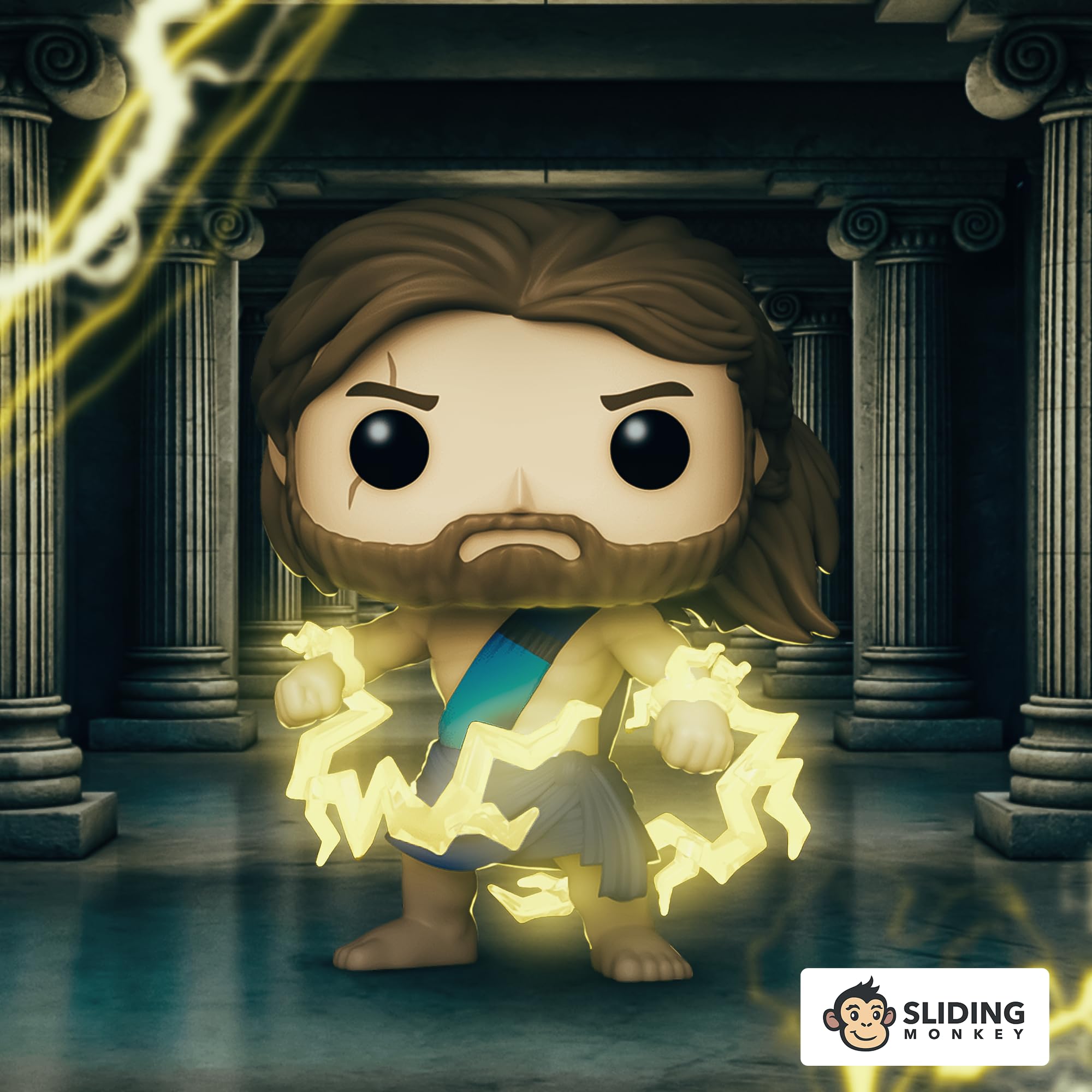 Funko Pop! Marvel Thor Love & Thunder Thor in Toga closeup, highlights multicolor detailing.