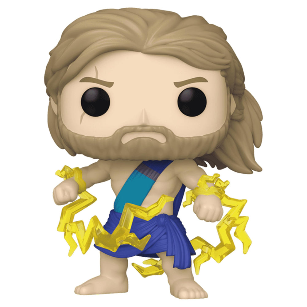 Funko Pop! Marvel Thor Love & Thunder Thor in Toga side view, enhances a shelf display.