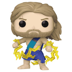 Funko Pop! Marvel Thor Love & Thunder Thor in Toga side view, enhances a shelf display.