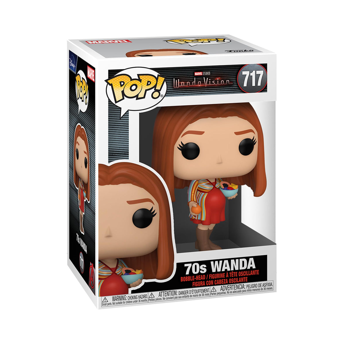 Funko Pop Marvel WandaVision Pregnant 70s Wanda vinyl figure adds vibrant nostalgia to your display.