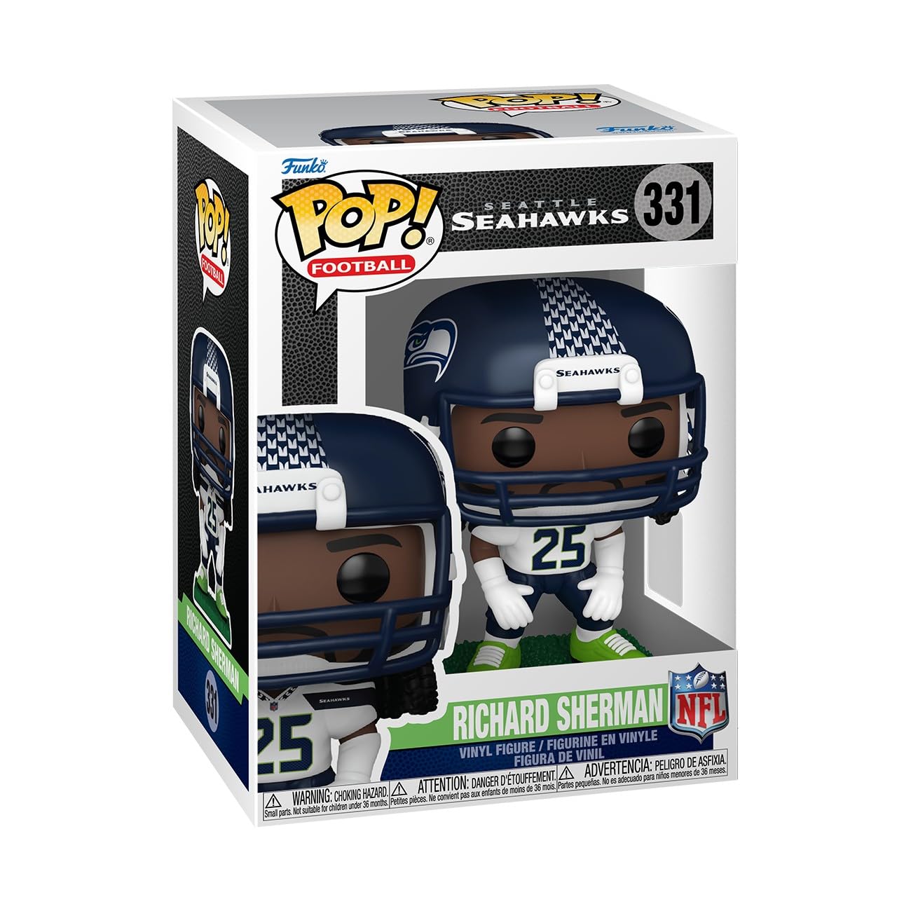Funko Pop! Richard Sherman Seahawks front view displayed on a shelf.