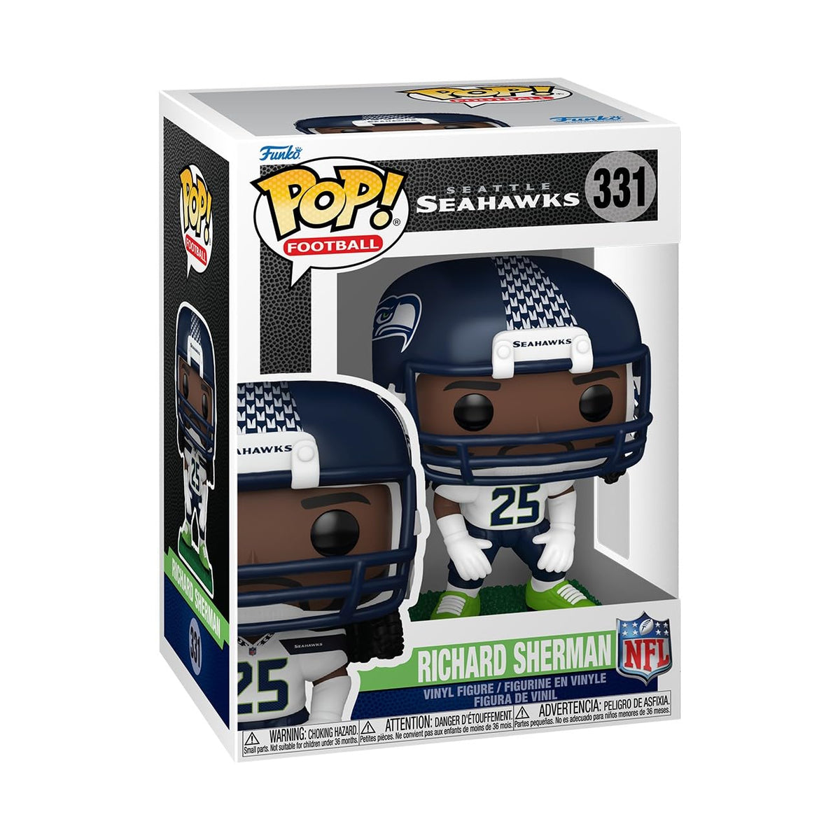 Funko Pop! Richard Sherman Seahawks front view displayed on a shelf.