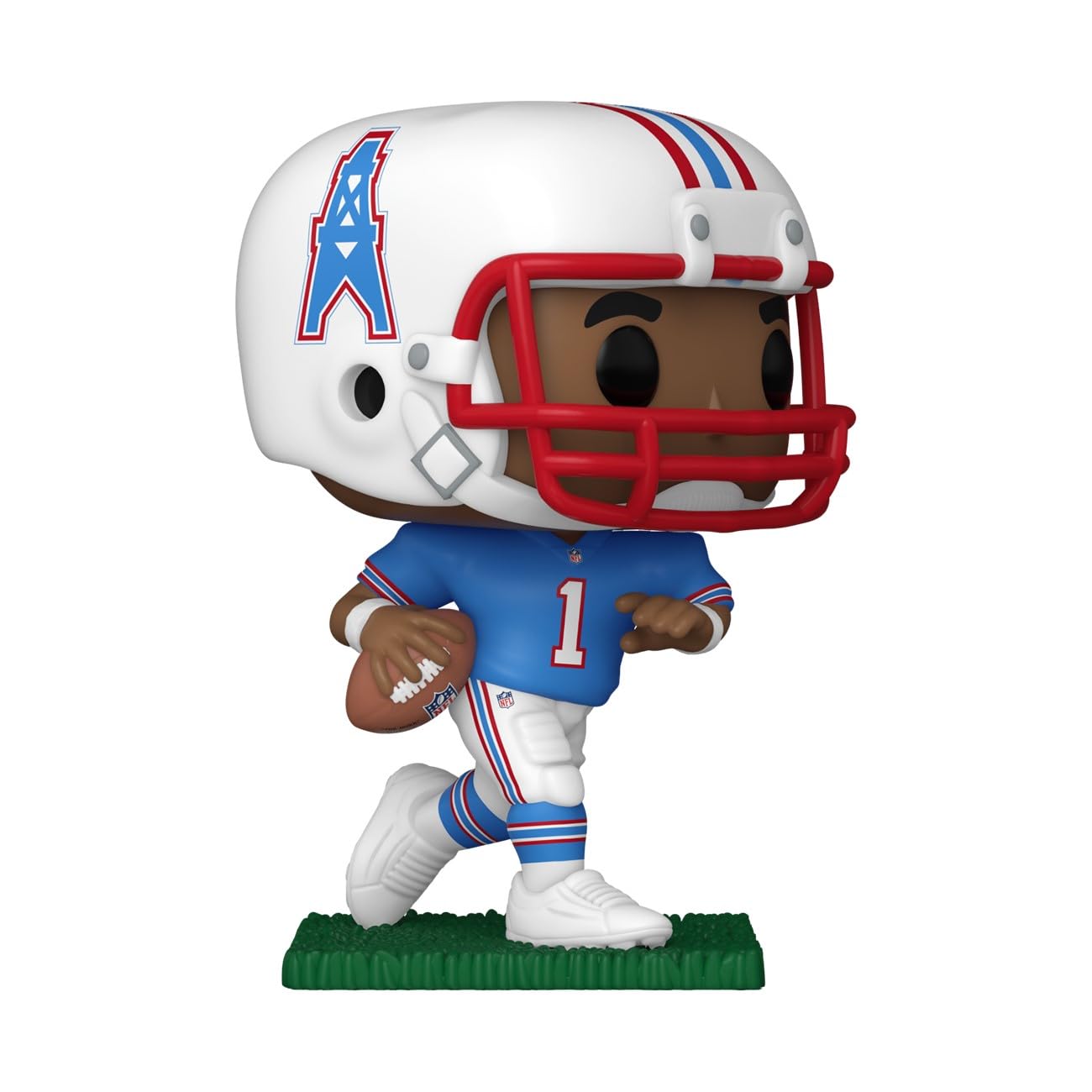 Close-up of Warren Moon Funko figure in Oilers colors for shelf display