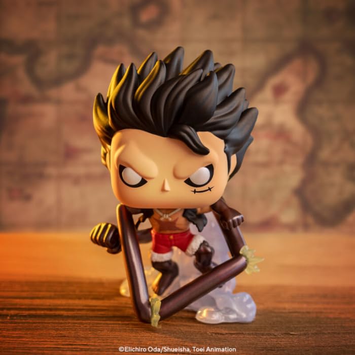 Funko Pop! One Piece Snake-Man Luffy back view showcases character from all angles on shelves.