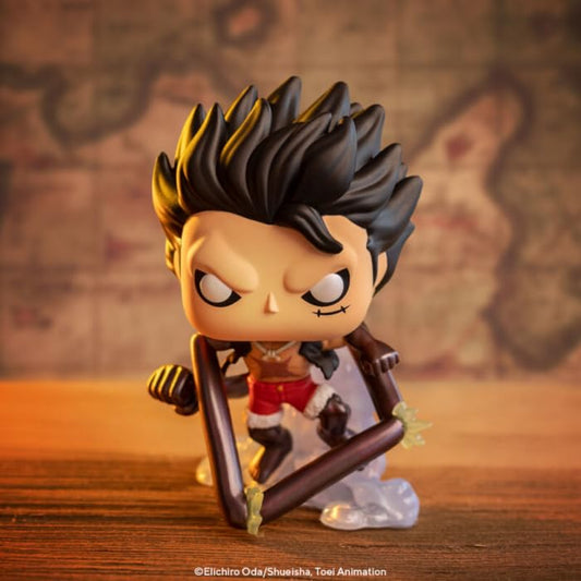 Funko Pop! One Piece Snake-Man Luffy back view showcases character from all angles on shelves.