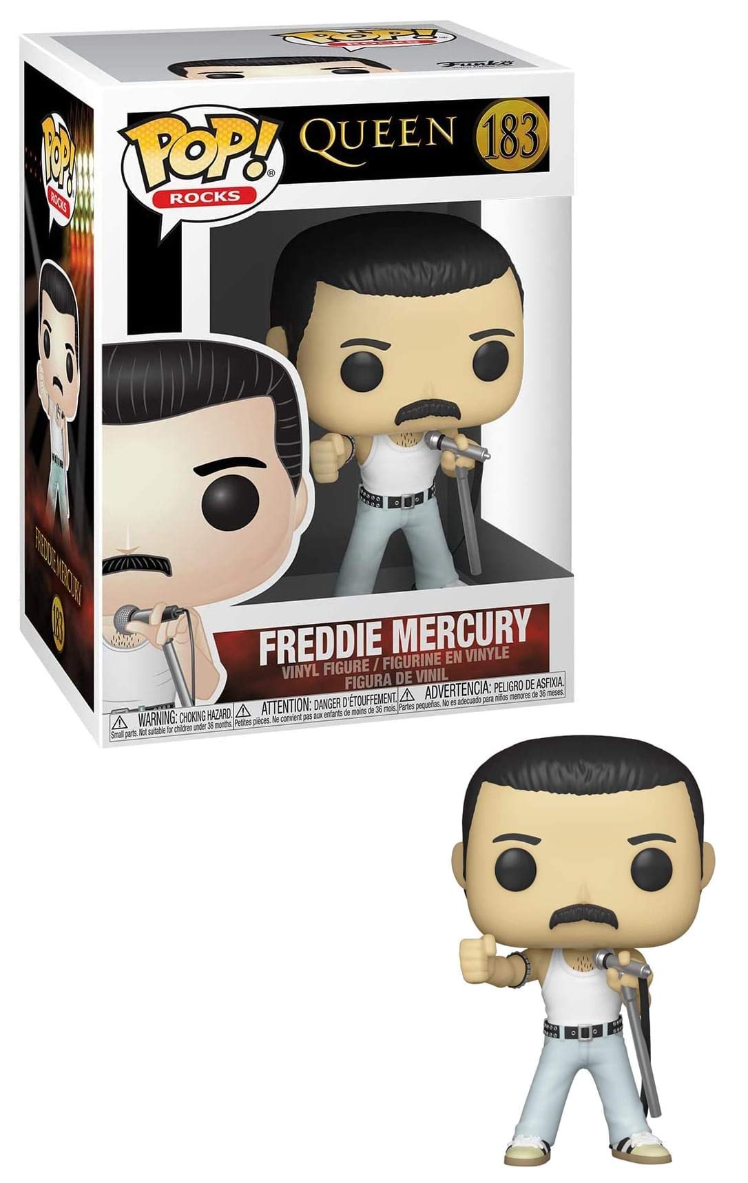 Funko POP Queen Freddie Mercury Radio Gaga 1985 figure ideal for shelf display.
