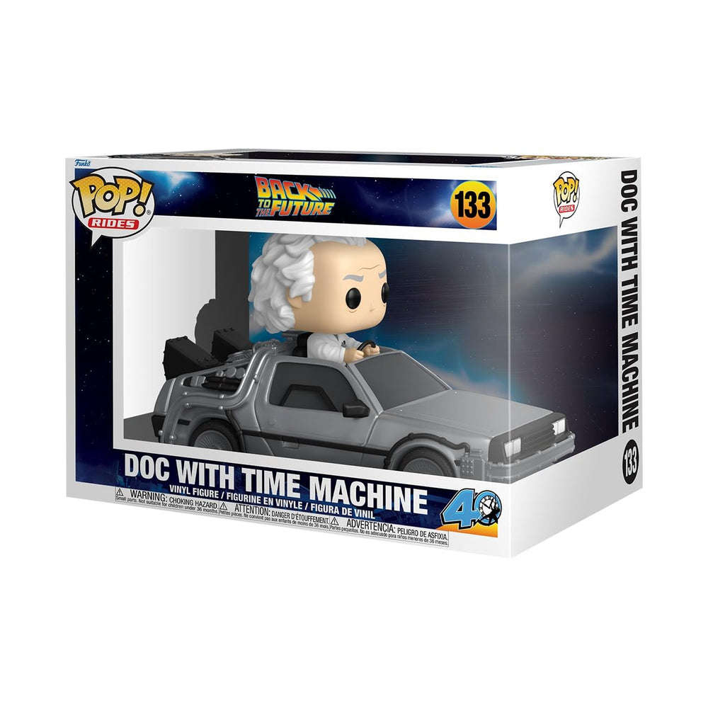 Funko Pop! Rides Deluxe Back to the Future Doc with Time Machine front view for display-ready collection.