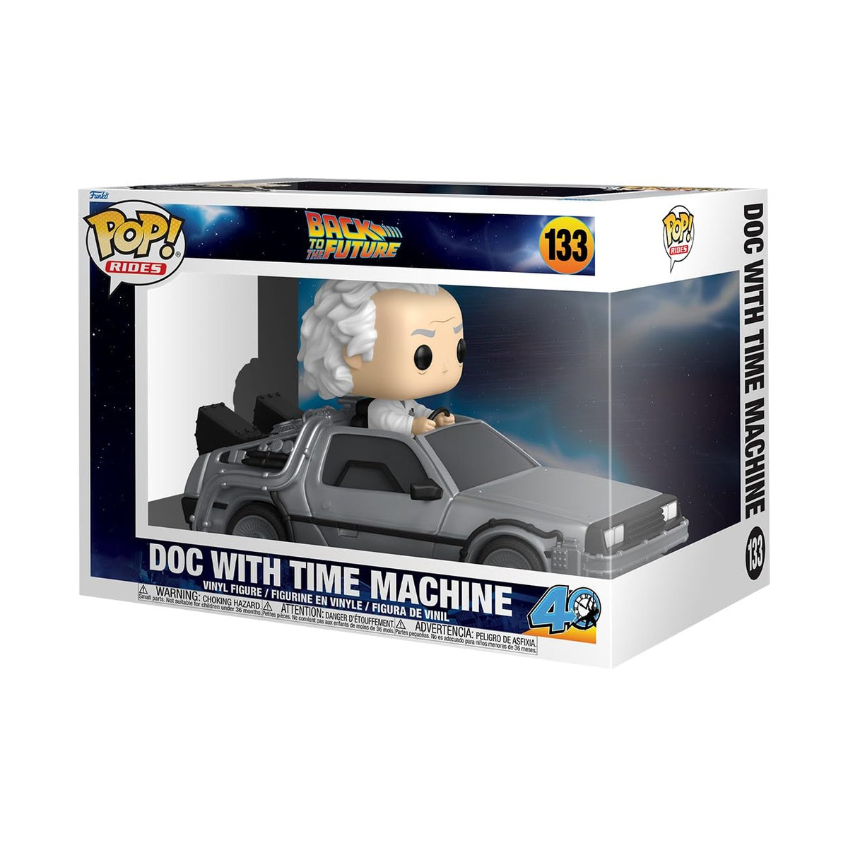 Funko Pop! Rides Deluxe Back to the Future Doc with Time Machine front view for display-ready collection.