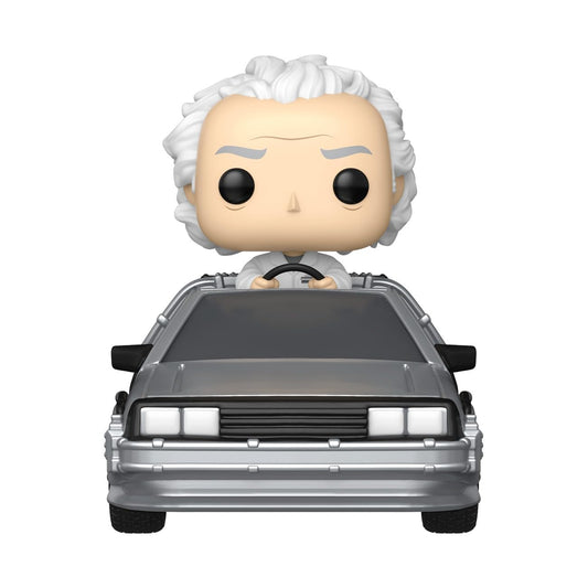 Funko Pop! Rides Deluxe Back to the Future Doc with Time Machine side view, ideal for shelf display.