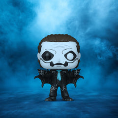 Funko Ghost Papa Emeritus IV figure with glitter finish enhances a desk.