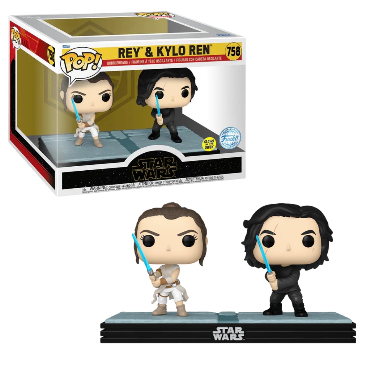 Funko Pop Star Wars 758 Rey & Kylo Ren Glows Exclusive front view with glow sabers for display