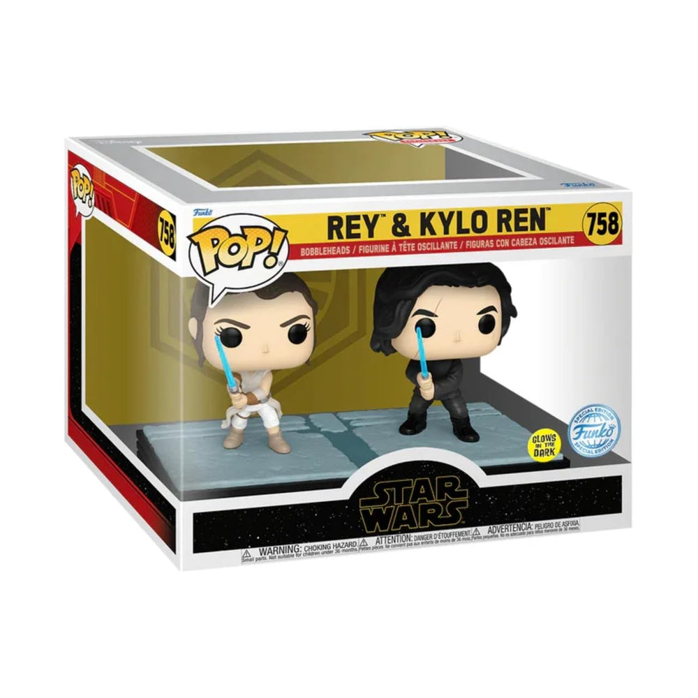 Funko Pop Star Wars 758 Rey & Kylo Ren Glows Exclusive side view highlighting illuminated sabers