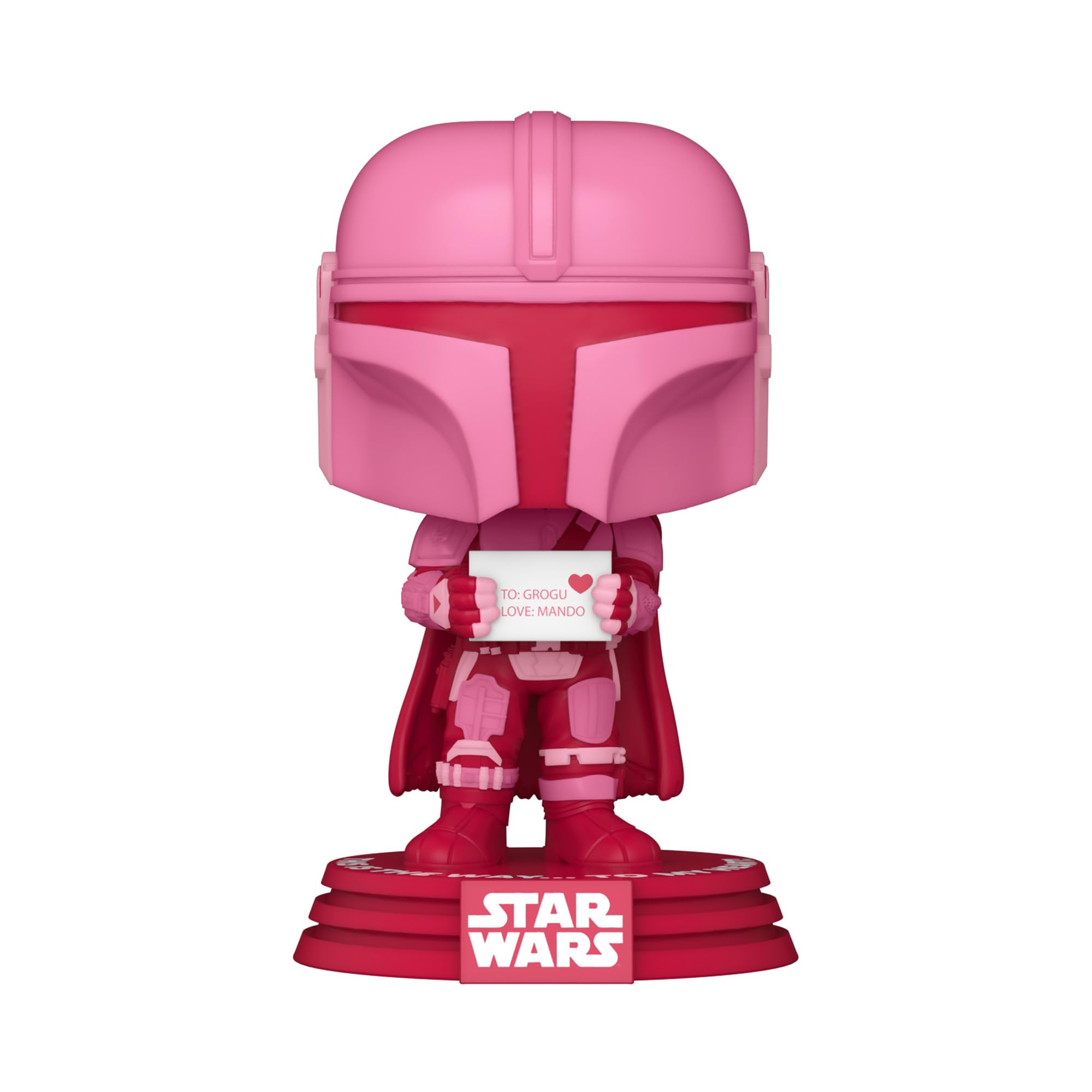Funko Pop! Star Wars Valentines Mandalorian close-up highlights red, pink, and white color scheme.